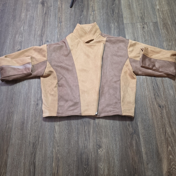 Promesa Faux Suede Colorblock Moto Jacket Women’s Lg Brown Tan Asymmetrical Zip - Picture 9 of 14